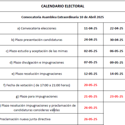 Calendario electoral para la elección de nueva Junta Directiva del CV Teruel